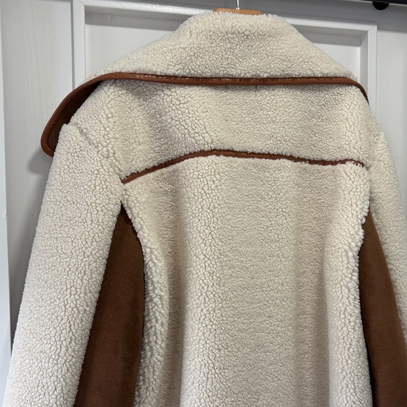 LOFT Ivory Cream Sherpa & Brown Faux Suede Moto Zip Jacket Coat Size Medium - Picture 12 of 15